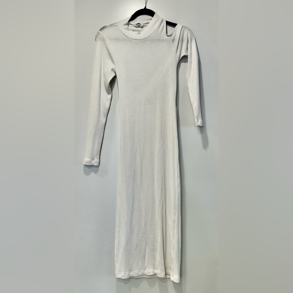 LNA White Ruched Mock Neck Bodycon Dress